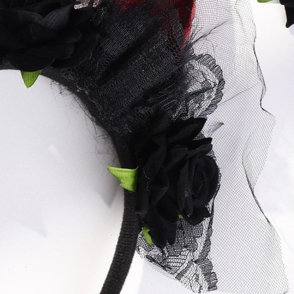Lace Trim Halloween Cow Horns Headband Flowers Design Red Rose Headband  Women's Accessories