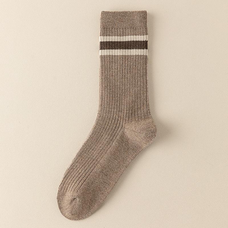 Socks Double Needle Boneless Medium Tube Socks Season Warm Wool Socks Retro Striped Versatile Pile Socks Women'S