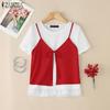 Womens Summer Casual Fake Two Piece Patchwork Short Sleeve T-Shirts