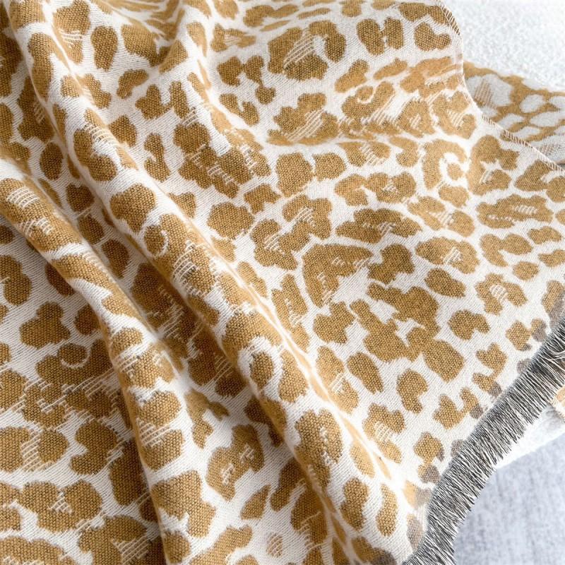 Womens Winter Leopard Print Scarf Shawl Double-Sided Jacquard Knit Warm Thick Faux Cashmere Wrap