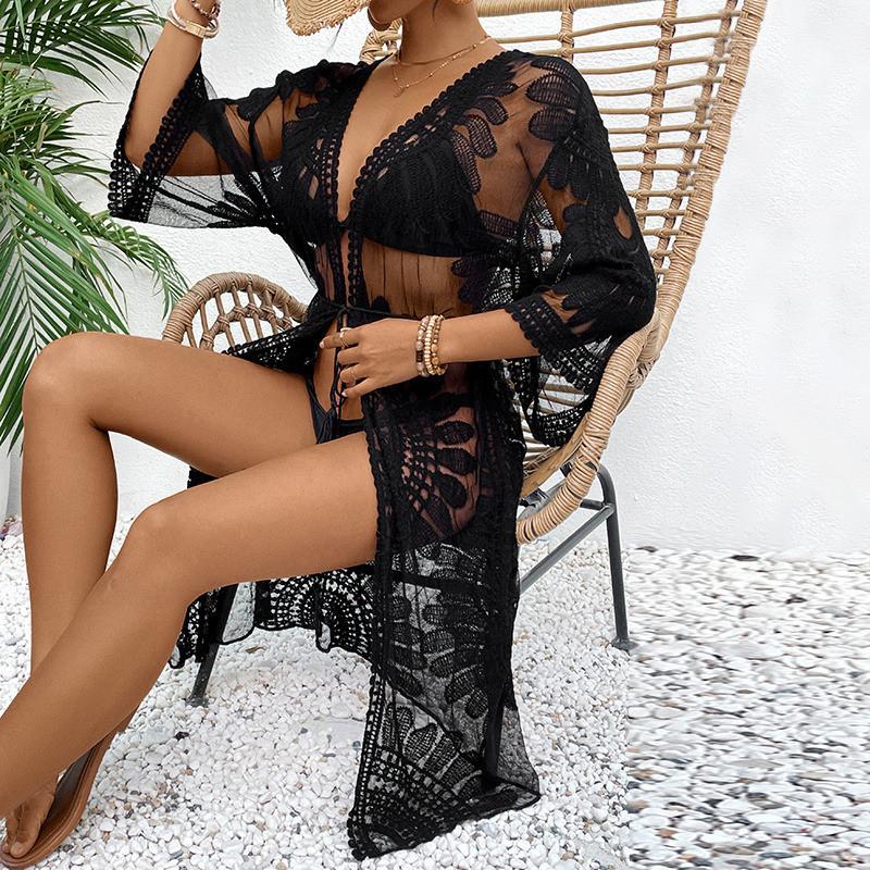 Damskie Czarne Koronkowe Szydełkowane Kimono Cover Up Haft Kwiatowy Przezroczysta Siatka Wiązane w Pasie Odzież Plażowa