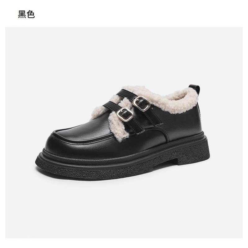 Thick-soled small leather shoes women's autumn and winter new fluffy shoes muffin velvet warm cotton shoes
