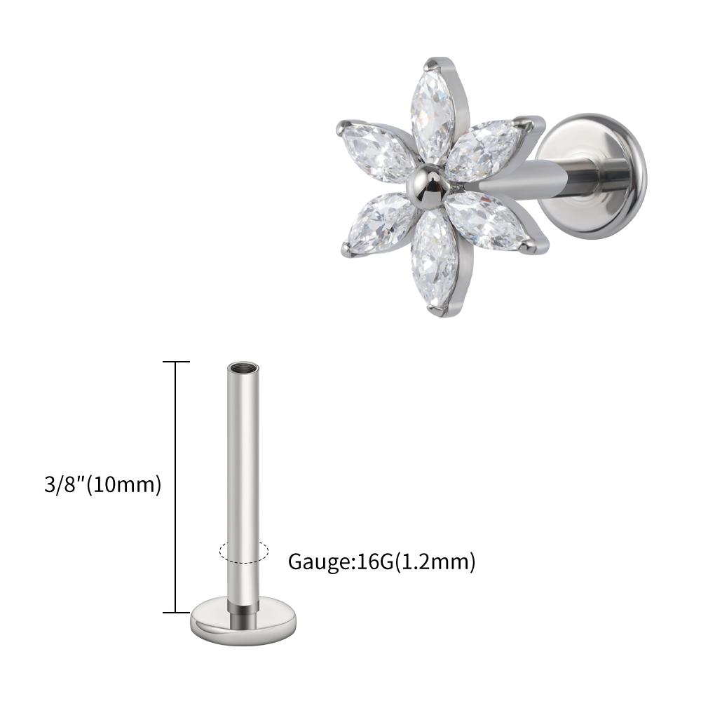 Right Grand ASTM F136 Titanium 16G Marquise Flower CZ Labret Stud Helix Conch Cartilage Tragus Flat Back Piercing Body Jewelry