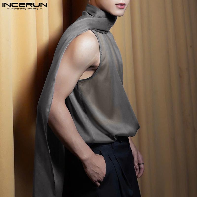 INCERUN Men Tie Neck Sleeveless See Through Mesh Sheer Party Club Tank Tops