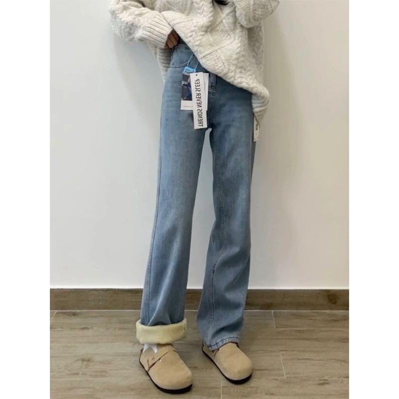 Women's Retro Blue Fleece-Lined Wide-Leg Jeans - Plus Size, High Waist, Slimming Loose Fit for Pear Shapes