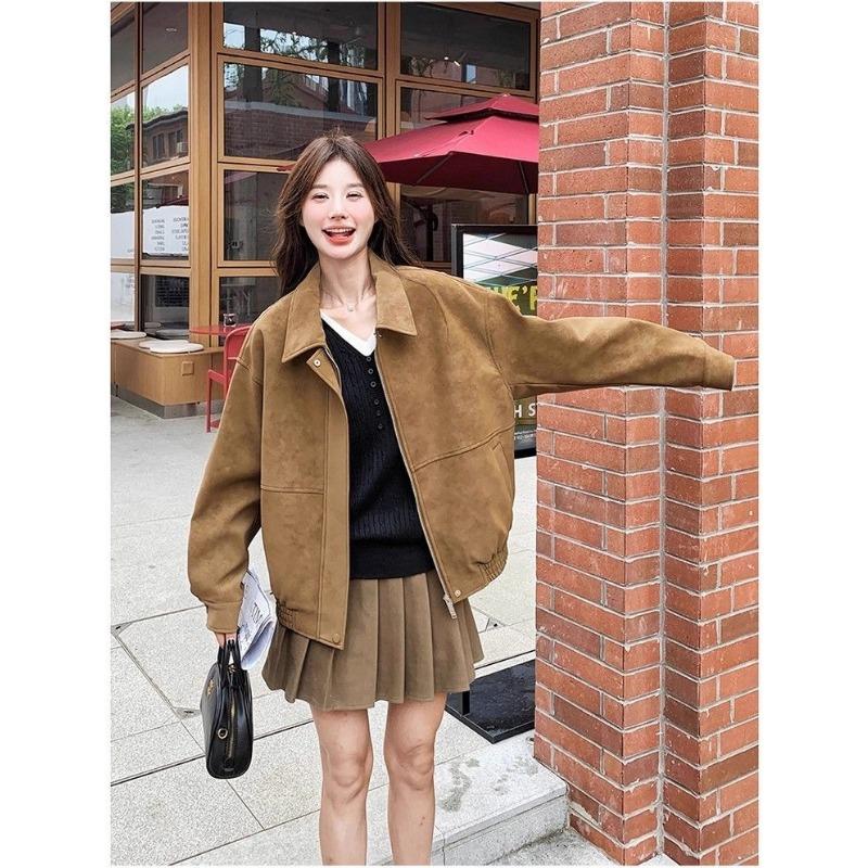 Women S Vintage Suede Jacket Loose Fit Lapel Casual Moto Coat