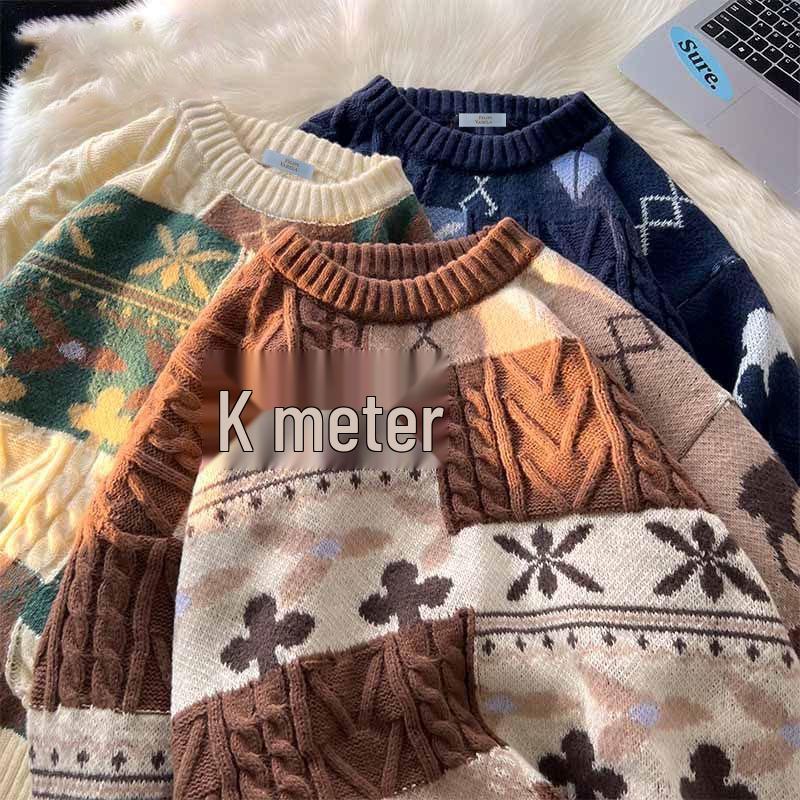 High-End Men's Trendy Thick Knit Sweater - Autumn/Winter Style: Retro American Christmas & Japanese Lazy Knitwear
