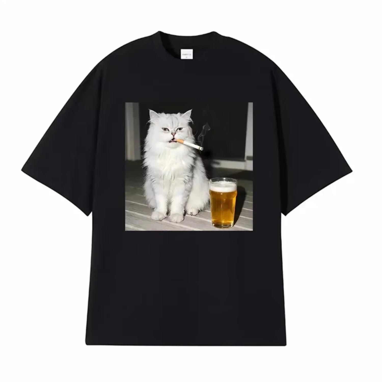 

2026 Fun Persian Cat Retro T-Shirt - Smoking and Drinking Unisex Short Sleeve Casual Cool and Stylish Men s and Women s T-Shirt S чёрный