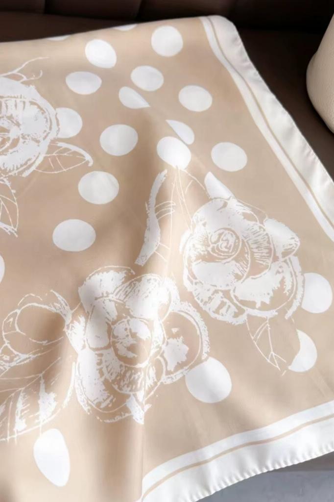 Beige Scarf 90x90 with White Polka Dots and Flowers - Delicate Elegance in a Vintage Style