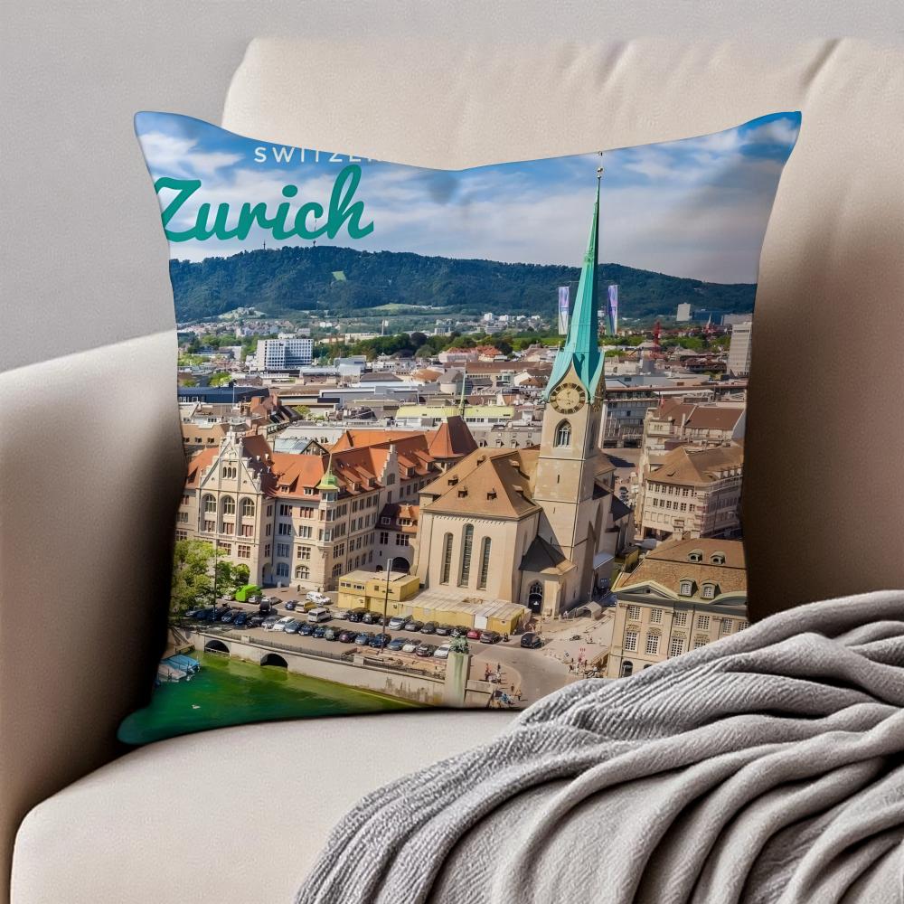 1PCS Classical LLake Zurich Cushion Cover Pillowcase Antidustmite Invisible Zipper Short Plush Sofa Cushion