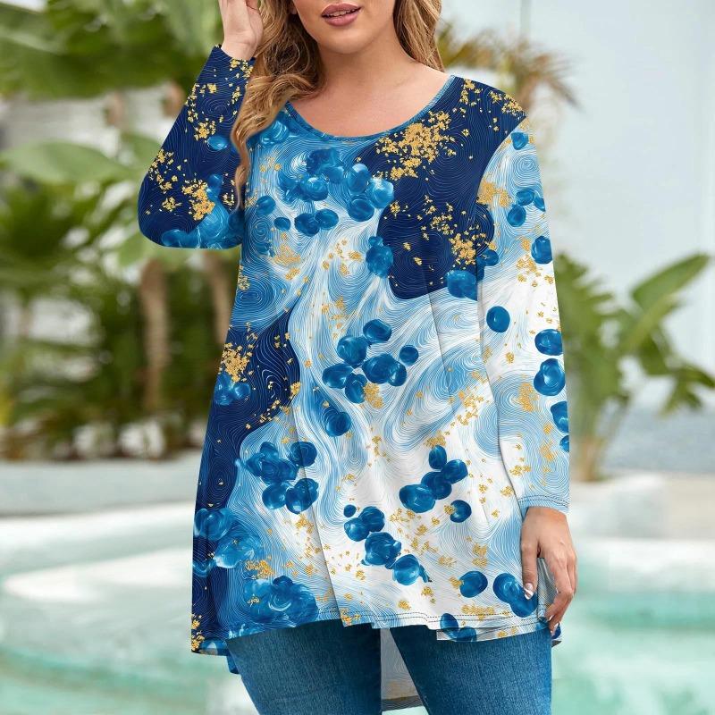 Women's Fashion Large Size Round Neck Long Sleeve Casual Print Loose Pullover Top T-Shirts Women’s