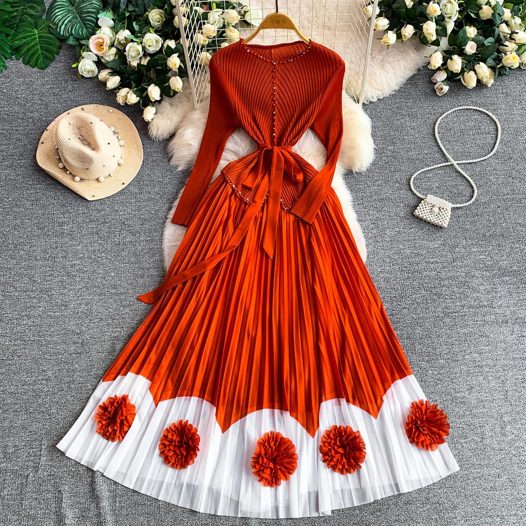 Elegant V-neck Long Sleeve Pleated Dress for Women Orange Red Pearl Trim Belted Waist 3D Flower Hem Midi Dresses Women