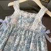 Girls' Blue & White Floral Sleeveless Bowknot Dress