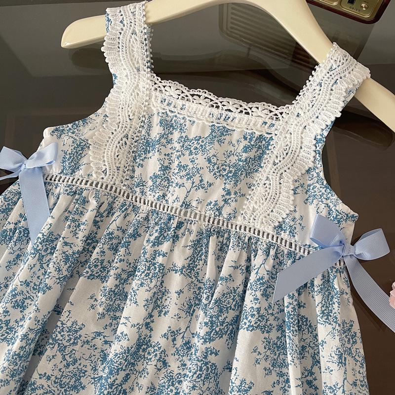 Girls' Blue & White Floral Sleeveless Bowknot Dress
