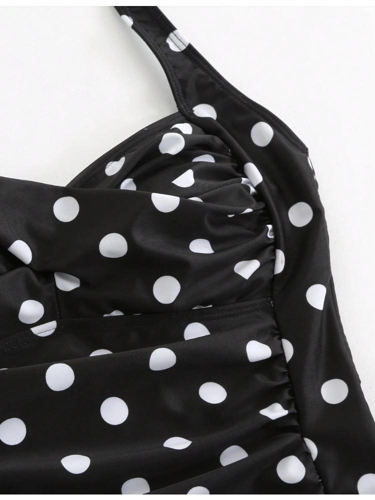 Charming Polka Dot Halter Pleated Slim Waist Bikini Swimsuit With Boyshorts For Beach Vacation