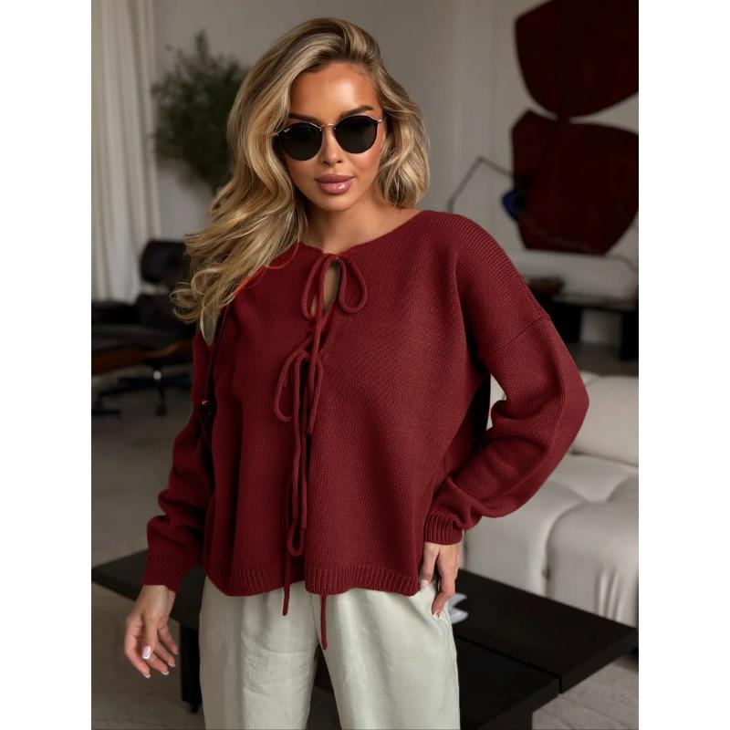 Lace-up Knitted Cardigan Autumn New Loose Round Neck Long-sleeved Sweater Women