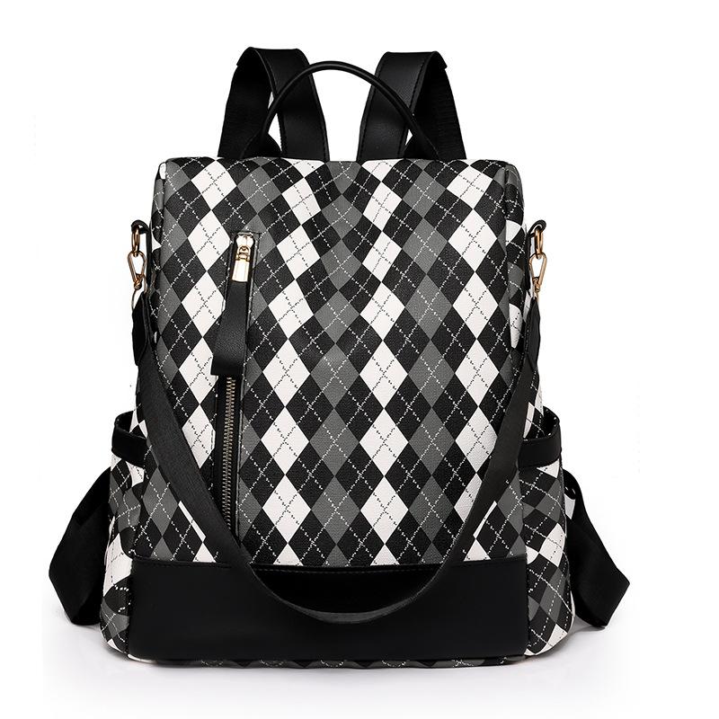 

Кожаный рюкзак женский ромбовидный принт большой емкости дорожный школьный рюкзак чёрный