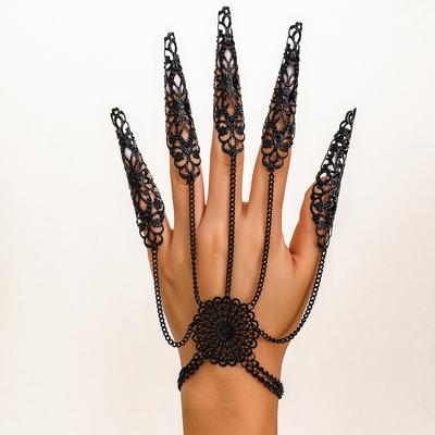 Gothic Punk Hollow Finger Ring Link Chain Flower Bracelet for Women Punk Gold Color Cuban Chain Hand Vintage Jewelry Party