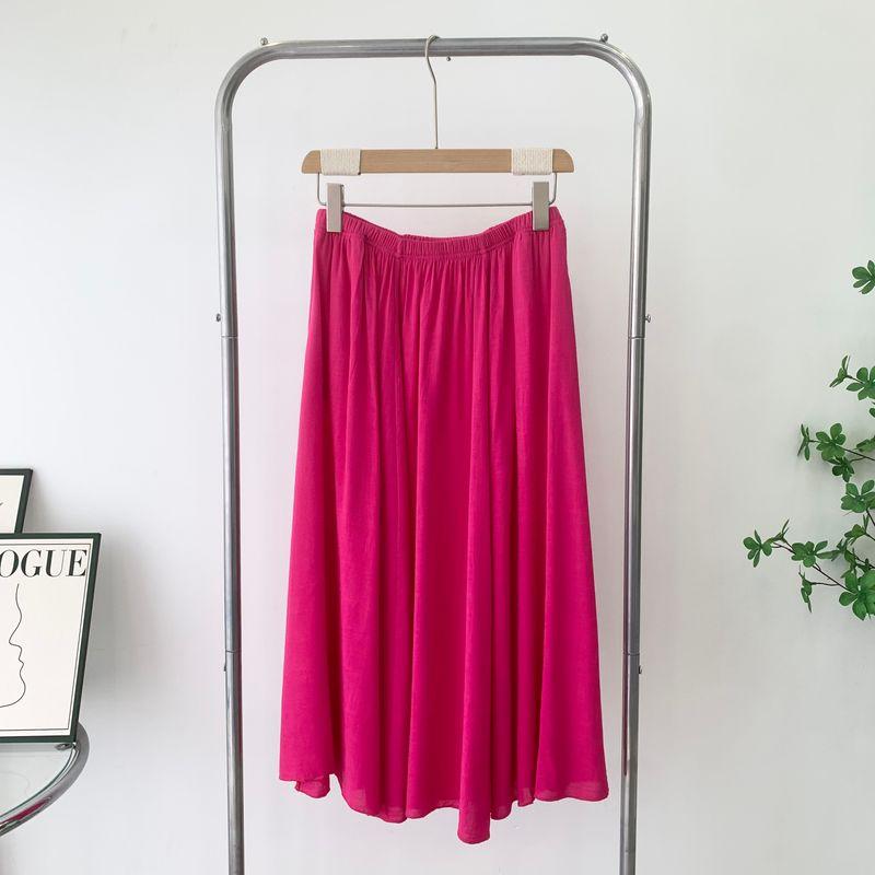 

Cotton and Linen Skirt Loose plus Size Skirt Women s Pure Color Women s Skirt with Pocket Elastic Waist Mid Length Long Length Special Offer Rose pink One size