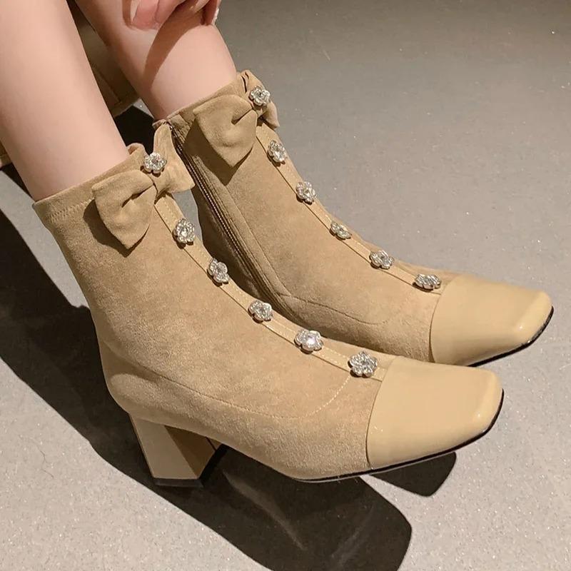 Semišové dámské kotníkové boty na vysokém podpatku, robustní boty pro ženu, trend 2025, zimní móda, nová značka, ležérní chůze, pohodlné, punkové, dámské boty