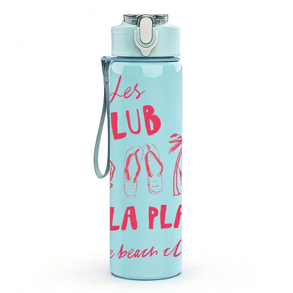 1PC La Club De La Plage French Summer Beach Art 750ml Color Plastic Sports Water Bottle Leakproof Flip Straw Lid Suitable for Sports Office Home Use