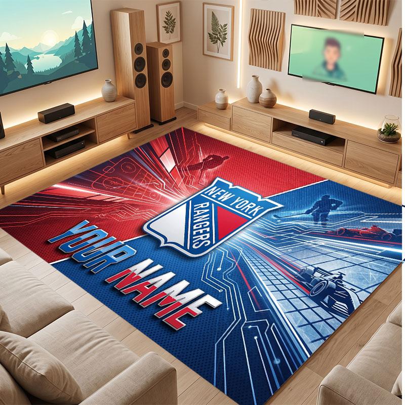 New York Rangers Personalisierter Kristall-Samtteppich, Benutzerdefinierter Name Text Weicher Anti-Rutsch-Teppich für Wohnzimmer Schlafzimmer