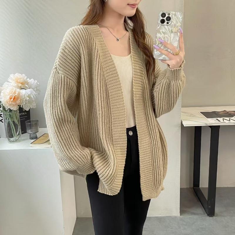 

Шикарный свободный повседневный вязаный кардиган средней длины, свитер для женщин, осень и зима, V-образный вырез, теплые женские свитера, куртка, элегантные винтажные однотонные кардиганы 25250 One Size хаки