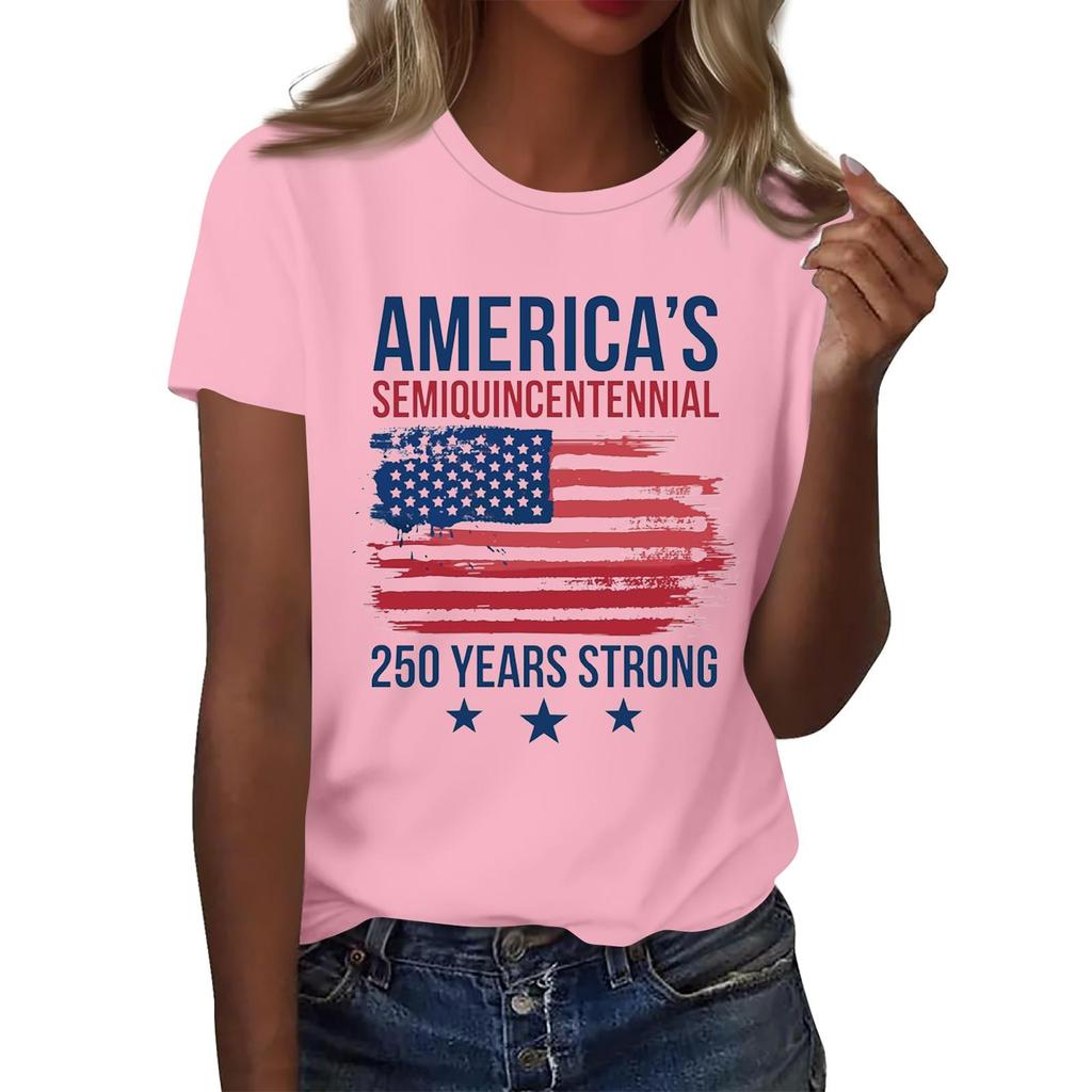 Women's Casual Short Sleeve Graphic T Shirt Crew Neck Top America Semiquincentennial 250 Years Strong Print Tee