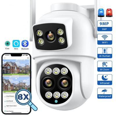 New EU 9MP PTZ Wifi Camera Dual Screen 8X Digital Zoom Human Detection Outdoor Security Protection CCTV Surveillance IP Camera iCSee