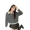 2023 Autumn/Winter Retro Striped Fleece-Lined Polo Neck Cropped Hoodie for Women