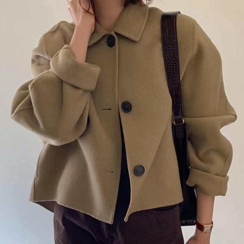 Korean Chic Wool Blend Puff Sleeve Cardigan: Retro Turn-Down Collar Short Jacket for Women (Autumn/Winter Collection)