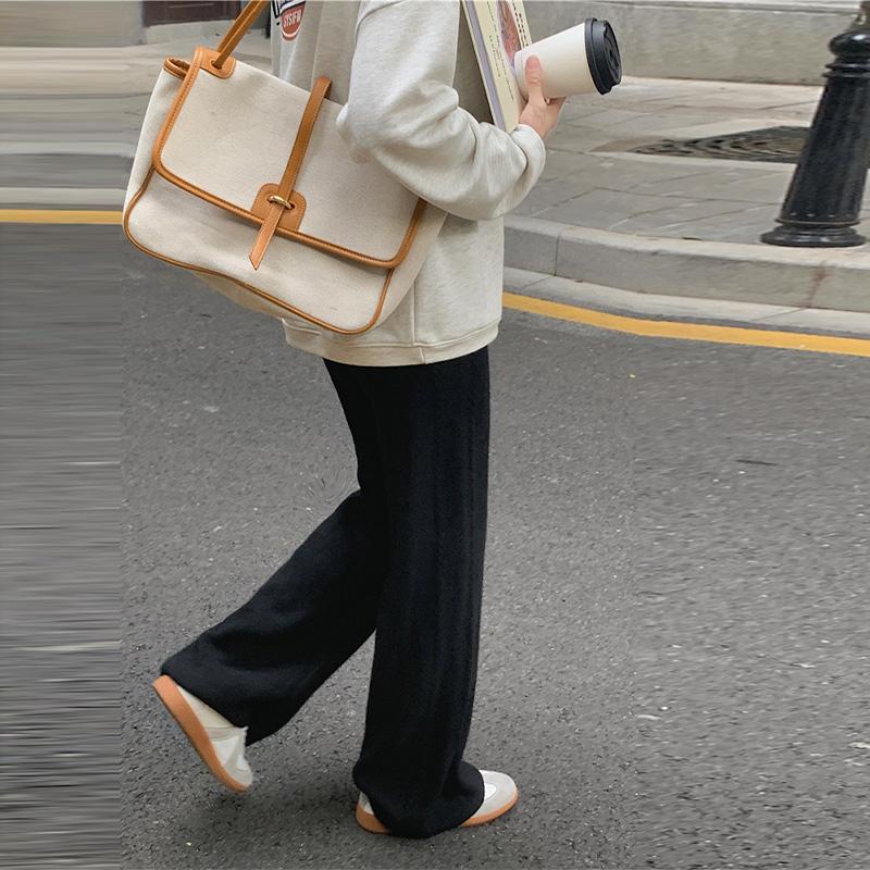 Women's Fashionable Casual Draping Knitted Wide-Leg Pants Elastic Waist Embossed Wool Mopping Trousers