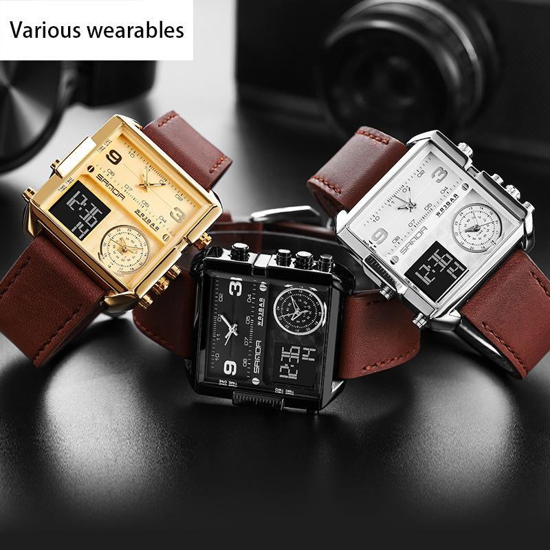 Fashion Casual Men's Watch Multi-functional Waterproof Leather Strap Electronic Watch Square Personality Large Dial