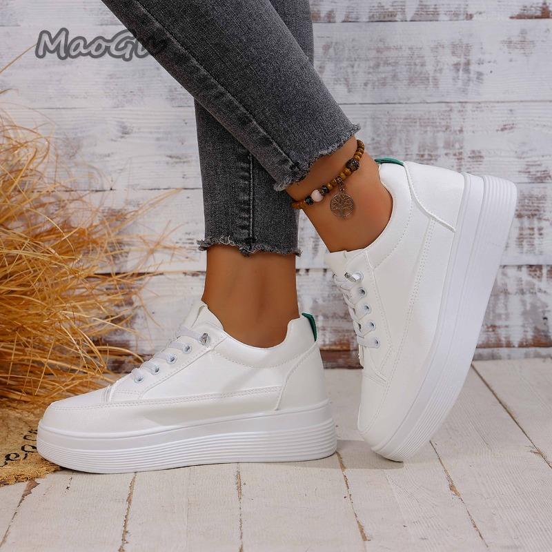 White/Pink Women's Platform Sneakers Thick Sole Casual Daily Wear Ladies School Walking Footwear Lace-Up Fashion Woman Shoes