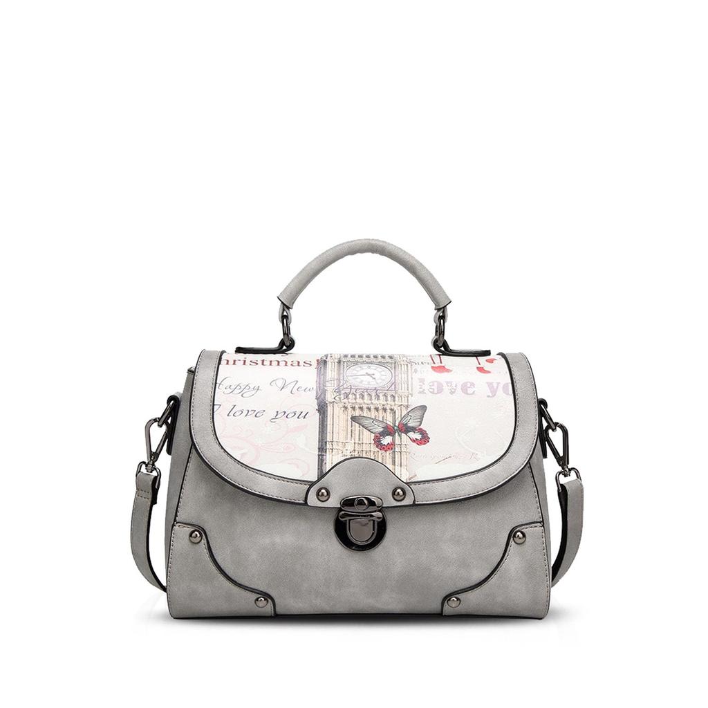 NICOLE & DORIS Retro-Style Women's Waterproof PU Leather Handbag, 2-Way ShoulderCrossbody Bag, Small, with Printed Design, Stands Up, and Studs,