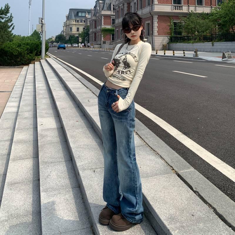 

Retro Low-Rise Flared Spicy Girl Jeans: Slimming Floor-Length Straight-Leg Pants for Women Large