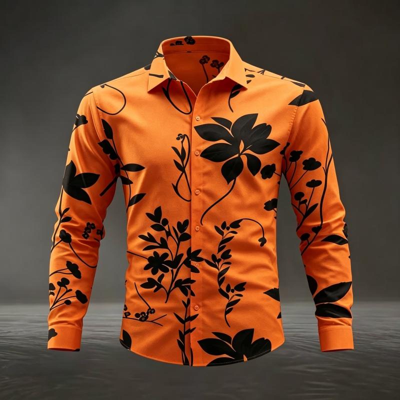 Herren Floral Leaf Print Langarmhemd Mode Slim Fit Button-Down Lässige Blusen Tops