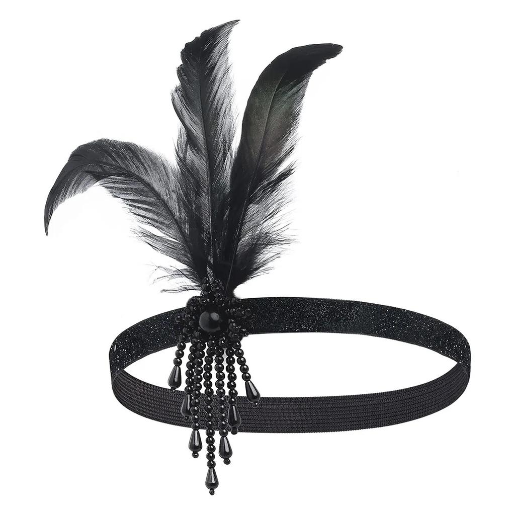Women's Black Hair Accessories Beaded Sequin Hair Band 1920s Retro Gatsby Single Party Ladies Headwear Dress UP Feather Headband