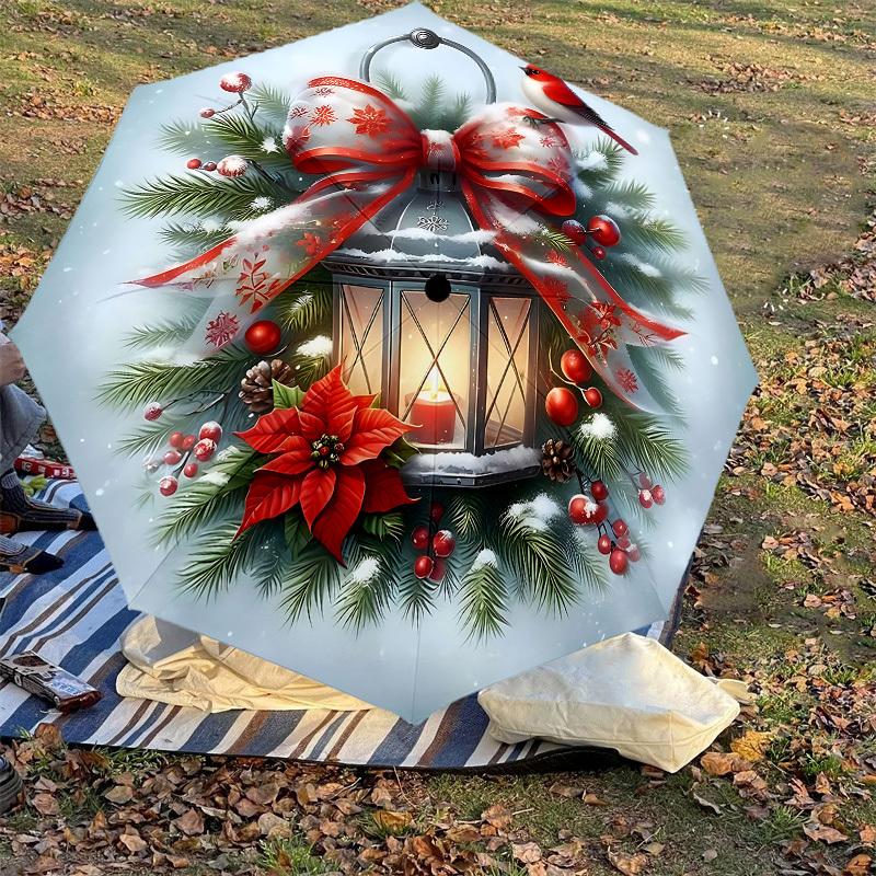 1PC Christmas Lantern BirdAutomatic Open/Close Umbrella with Windproof, 8-Rib Sturdy Canopy, Durable Ribs, Fashionable Design, Outdoor Accessory, Fun