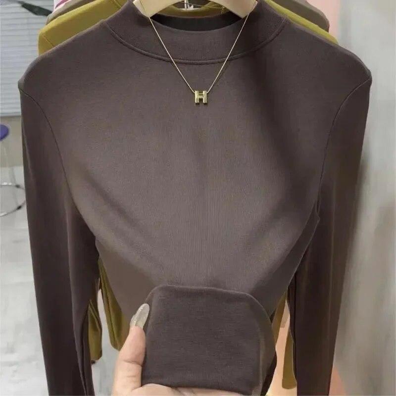 Jesień Y2K T-Shirt moda zimowa koszulka z długim rękawem ciepły top casualowe w stylu Streetwear jednolita koszula z krótkim rękawem obcisłe ubrania Blusas 29770