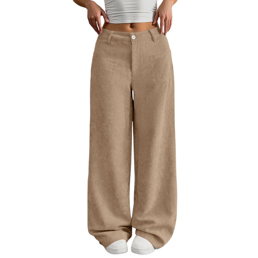 Corduroy Pants For Women Casual Elastic Waist Straight Leg Pants Loose Comfy Trousers With Pockets