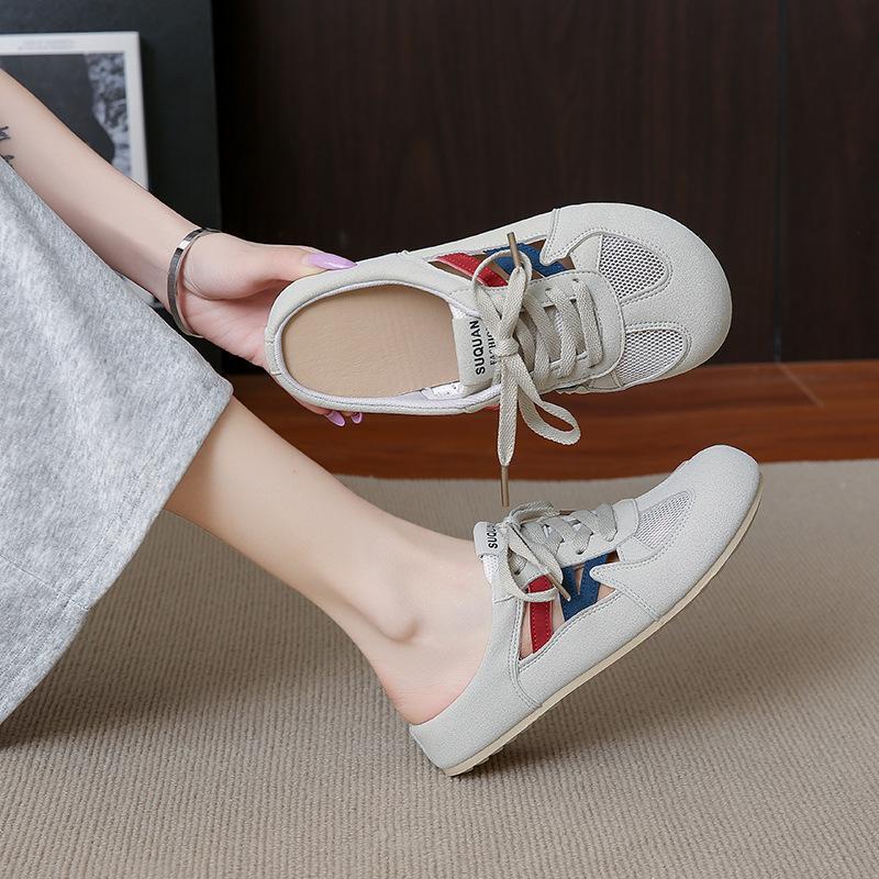 Women's Casual Lace-up Slip-on Color Matching Slippers Fashionable Sports Campus Style Light Travel Large Size Women's Shoes