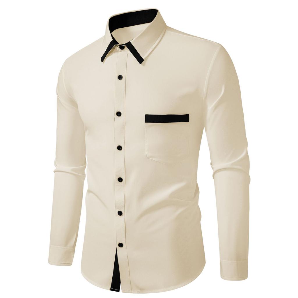 New Fashion Men's Color-blocking Business Slim Casual Shirt Contrast Long-sleeved Shirt