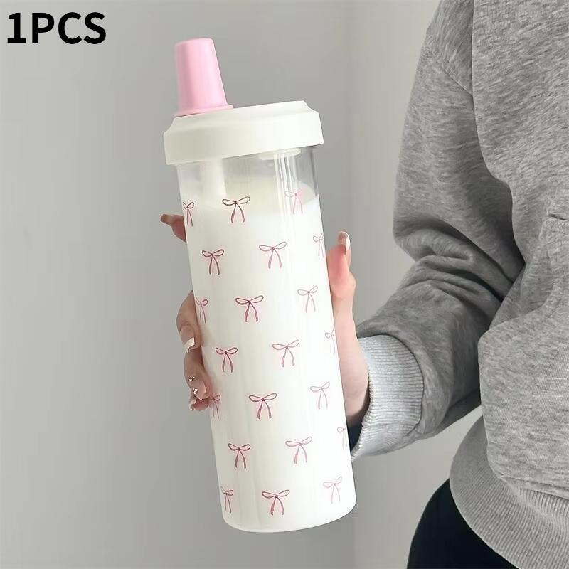 Bow Glass Cup with Transparent Straw, Cute Portable Water Bottle for Outdoor School Use, Ideal for Drinking At Home & Travel