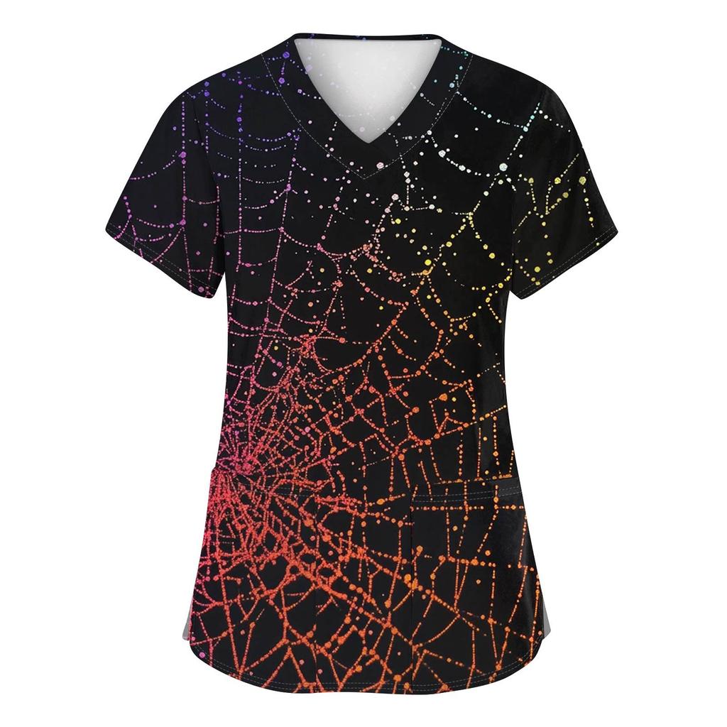 Women's Fashion V-neck Short-sleeved Work Uniform With Pockets, Halloween Print Top
