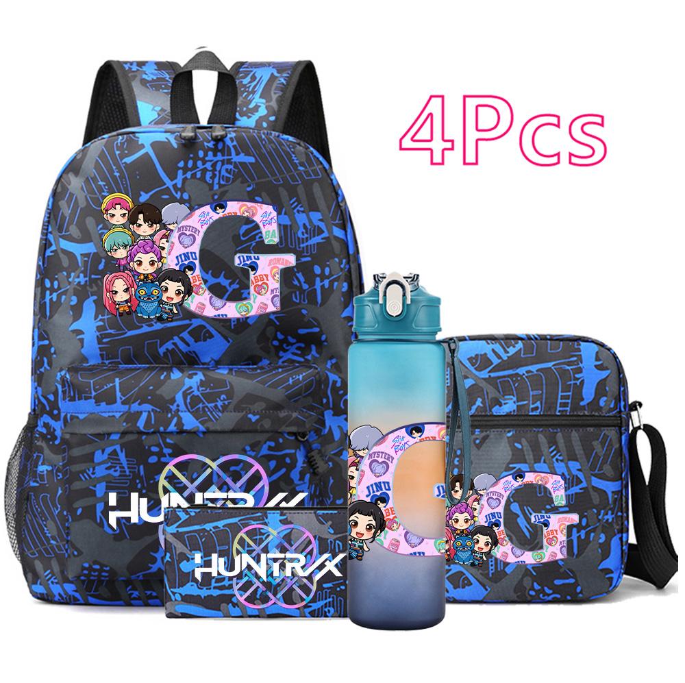 4Pcs/set 26 English Letter Printed Backpack Large Capacity Bookbag Shoulder Bag Case Bag with 750ml Water Bottler Boy Girl Waterproof SchoolBag Gift