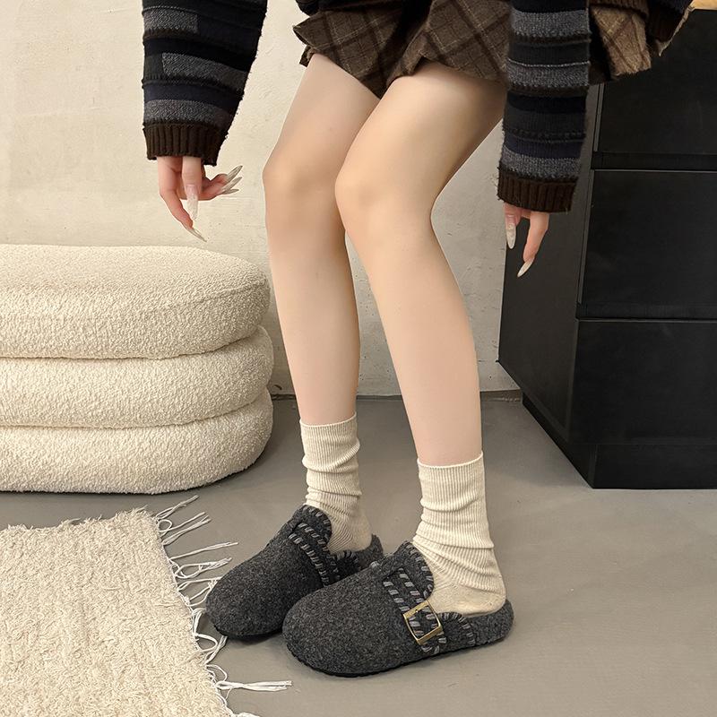 Retro fluffy bag head half slippers for women to wear autumn and winter new thick-bottomed piled cotton slippers
