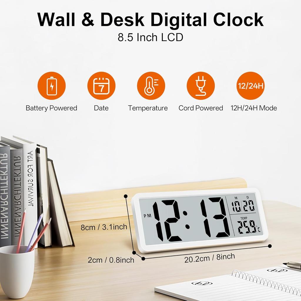 8 Inch Large LCD Digital Clock Time Date Temperature Display Dual Power Wall/Desktop Simple Electronic Clock for Home Office