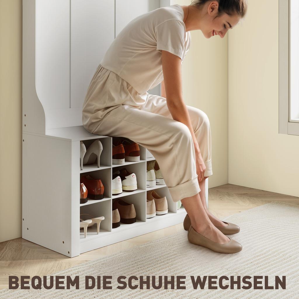 Hallway Coat Rack with Shelf, Bench, Hooks, Shoe Compartments, Particleboard, MDF, White