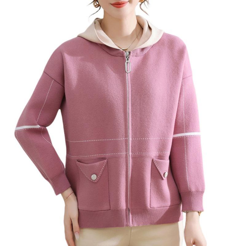 Autumn and Winter Mother's Hooded Jacket Age-reducing Loose Medium and Old Women's Knitted Sweater Women's Long Spring and Autumn Coat Top
